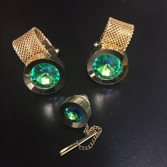 Anson Other - Vintage Green Rivoli Mesh Cufflinks and Tie Tack